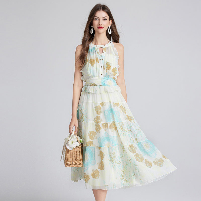 Real shot, flower celebrity temperament suspender gold wire strip new neck dress + tube top suspender two-piece set