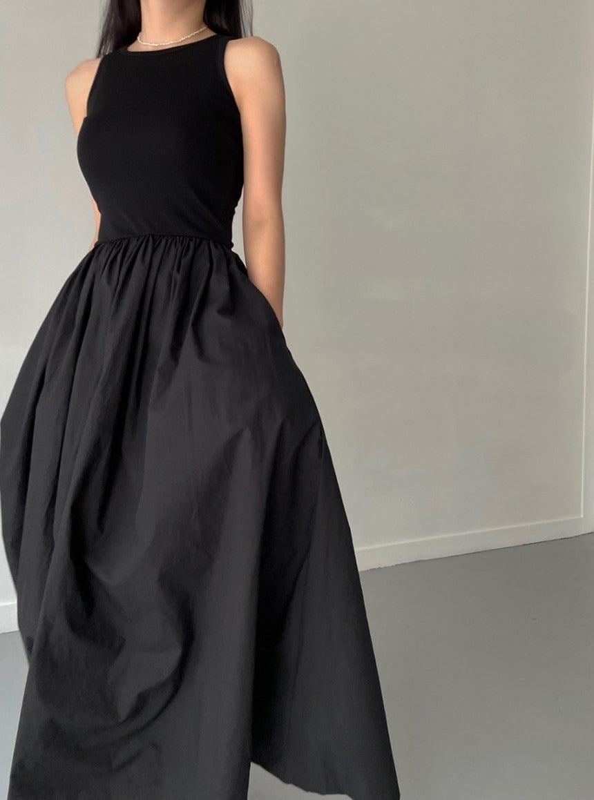 vmtvr - Elegant Round Neck Waist Slim Pleated Long Dress