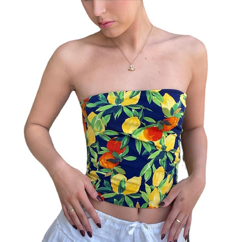 vmtvr summer outfits inspo Women's Clothing Summer Ins New Flower Print Tube Top Backless Sexy Vest Top T-shirt