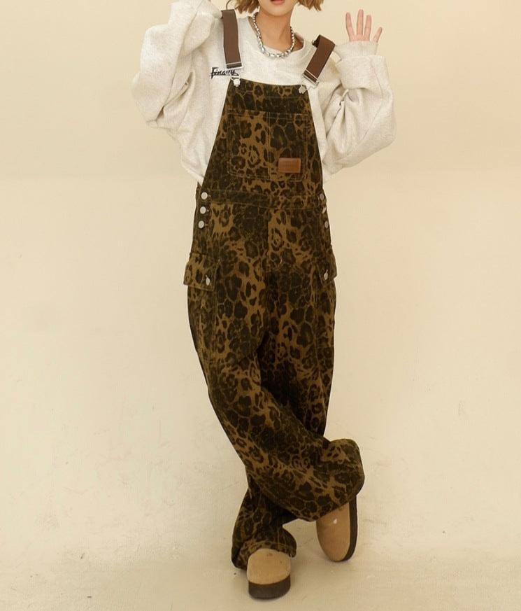 vmtvr Summer Fits Leopard Print Denim Suspender Pants for Women 2024 Spring Fashion Brand New Loose Casual BF American Retro Straight Long Pants
