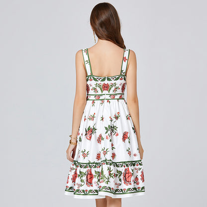 Real shot, summer new product positioning printed slim-fitting suspender dress, high-waisted vest A-shaped skirt