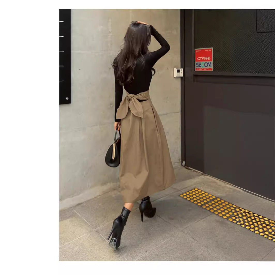 vmtvr 2000s fashion Three-Color Skirt Spring and Autumn A- line Umbrella Skirt Super Popular Bow Large Swing Skirt Slim Waist Dress