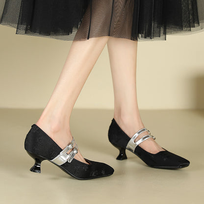 2025 433-1 Satin high heels for women, not tired feet, shallow mouth square head, one-word single shoes, professional commuter work shoes with skirts