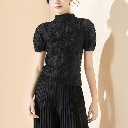 2025 basic hot-selling short-sleeved top women's summer slim-fitting high-end sense fashion temperament semi-turtleneck versatile T-shirt