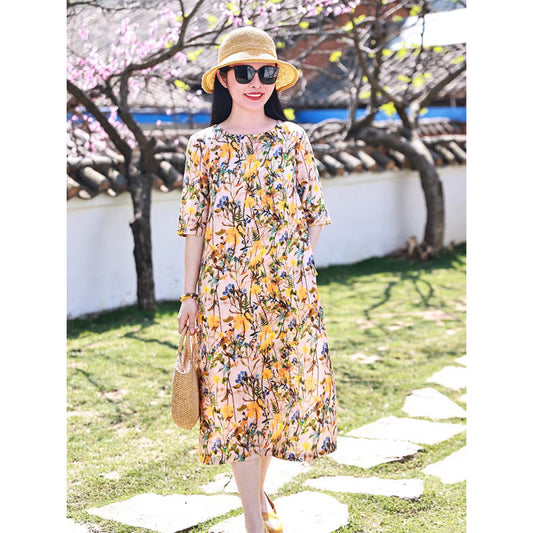 Non- summer new ramie cotton printed retro literary medium and long dress