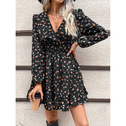 vmtvr teacher outfits Spring and Autumn New French Floral Print Lantern Sleeve Ruffled Hem Dress