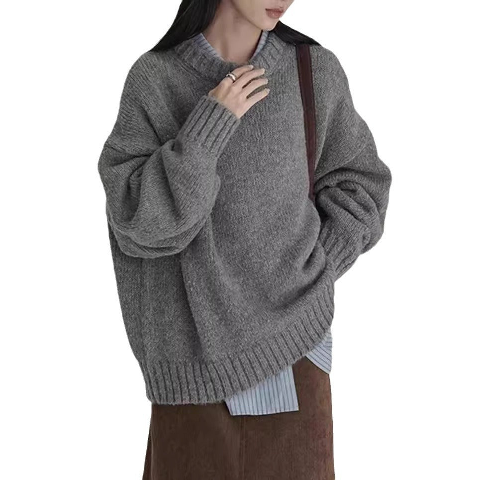 vmtvr dress to impress outfits Japanese Style Retro Gray Sweater Women's Winter round Neck Loose Lazy Wind Outer Wear Inner Bottoming Sweater Thick Top