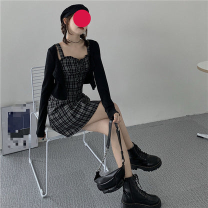 vmtvr grunge outfits Korean Style plus Size Women's Retro Versatile Sexy Slim Fit Wooden Ear Plaid Sling Dress