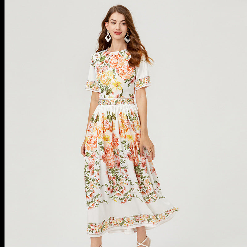 Summer new product positioning printed high-waisted pendulum dress, short-sleeved cotton A-shaped skirt