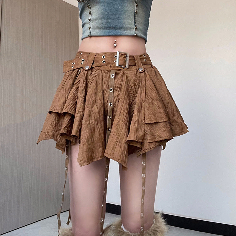 vmtvr 2000s fashion Retro Rock Irregular Hem Corns Ribbon High Waist Skirt Spring and Summer New Belt Solid Color Skirt