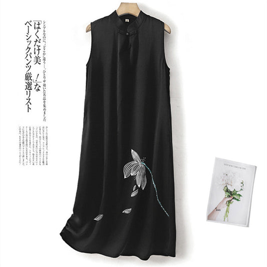 Sleeveless cheongsam dress  summer new hand-painted elegant national style women's literary and retro Chinese long dress women