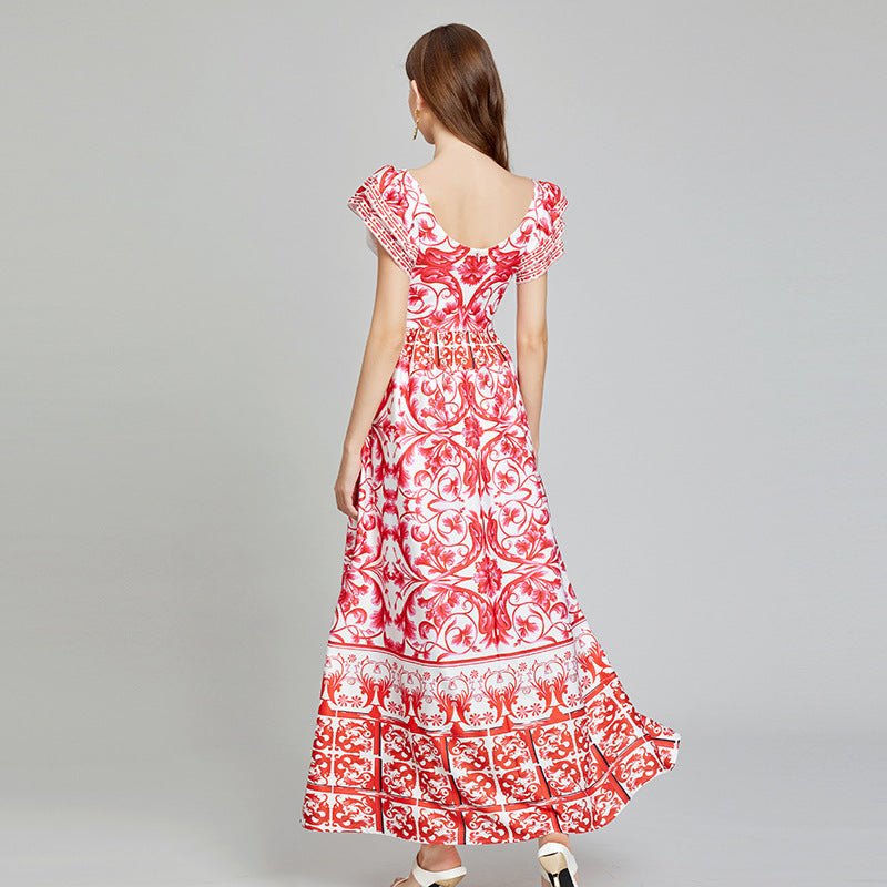 Real shot, summer new product positioning printed V-neck high-waisted pendulum dress, slim A-shaped skirt