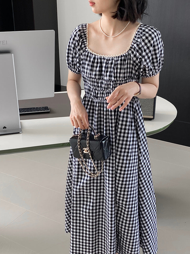 - You look really good today Waisted plaid slim dress female lace splicing short-sleeved long dress 6037