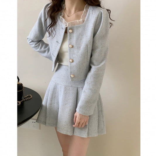 vmtvr k drama dress to impress Thick Suit Autumn and Winter Korean Style Small round Neck Short Coat High Waist Slimming Pleated Skirt Two-Piece Set