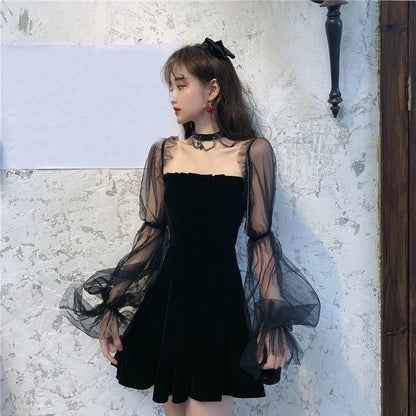 vmtvr - Gothic Sexy Dress Vintage Off Shoulder Lantern Sleeve Mesh Patchwork Velvet Mini Dress Dark Street Black Dress for Female