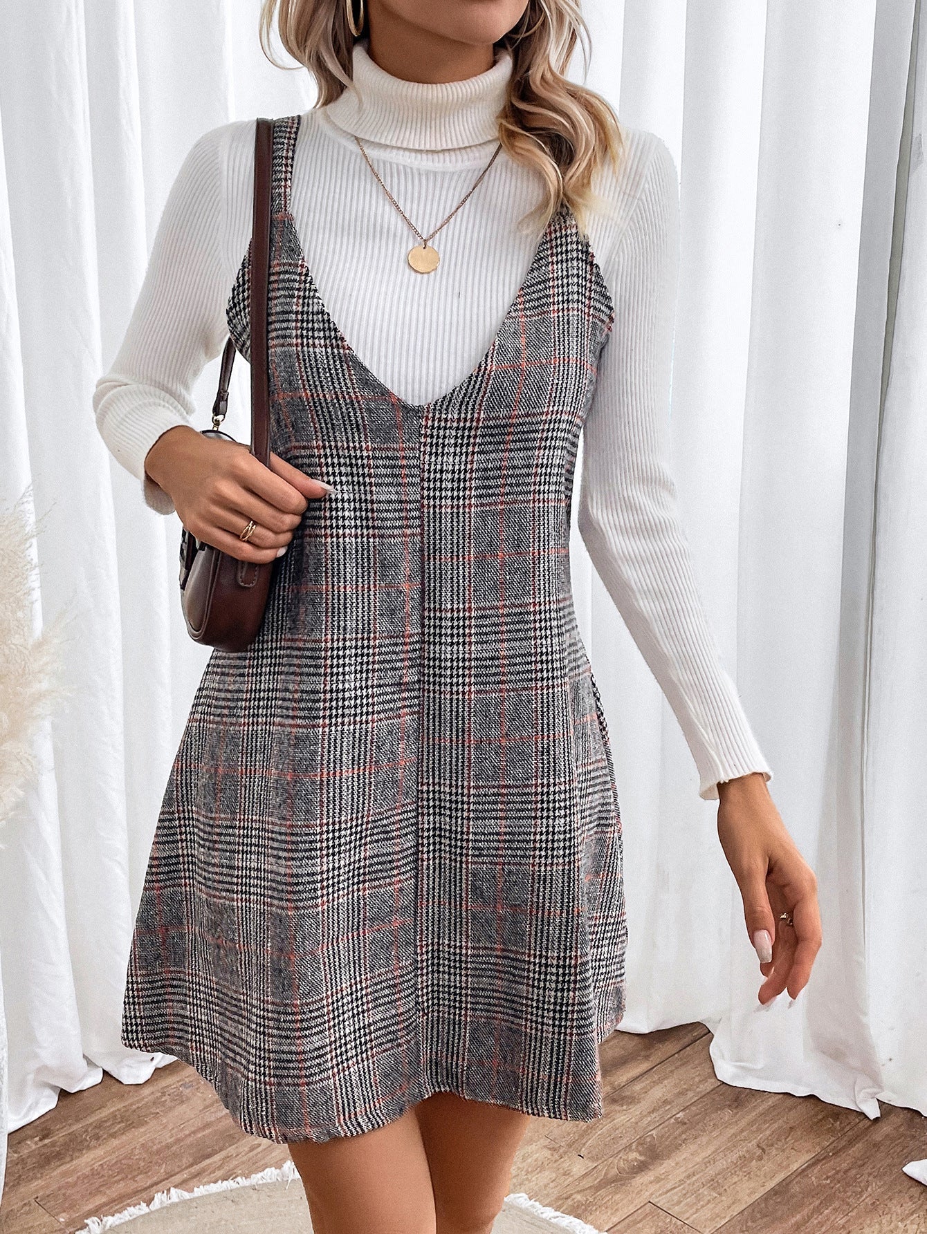 vmtvr fall outfits women Women's V-neck Plaid Strap Dress Spring and Autumn Winter Fashion Women's Clothing