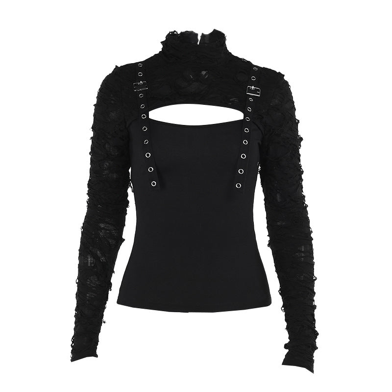 vmtvr skeleton dress to impress Autumn 2024 New Style Personalized Hot Girl All-Match Ripped Fabric Stitching Long-Sleeved Top for Women