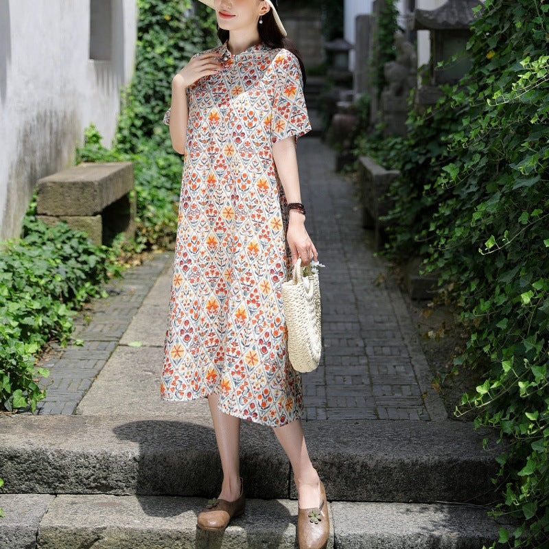 summer new cotton and linen dress travel literary retro improved cheongsam thin loose and thin dress women