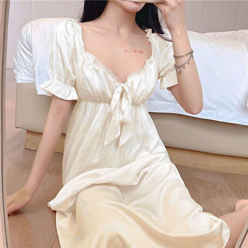 vmtvr fashion outfits Nightdress Women's Summer Ice Silk Short Sleeve 2024 New French Court Princess Style Fairy Long Pajamas Home Wear