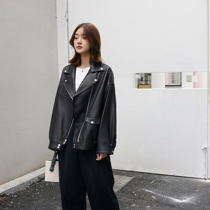 vmtvr fall outfits women Korean Style Casual Loose Black Motorcycle PU Leather Coat Women's Spring and Autumn Versatile Slimming plus Size Leather Jacket