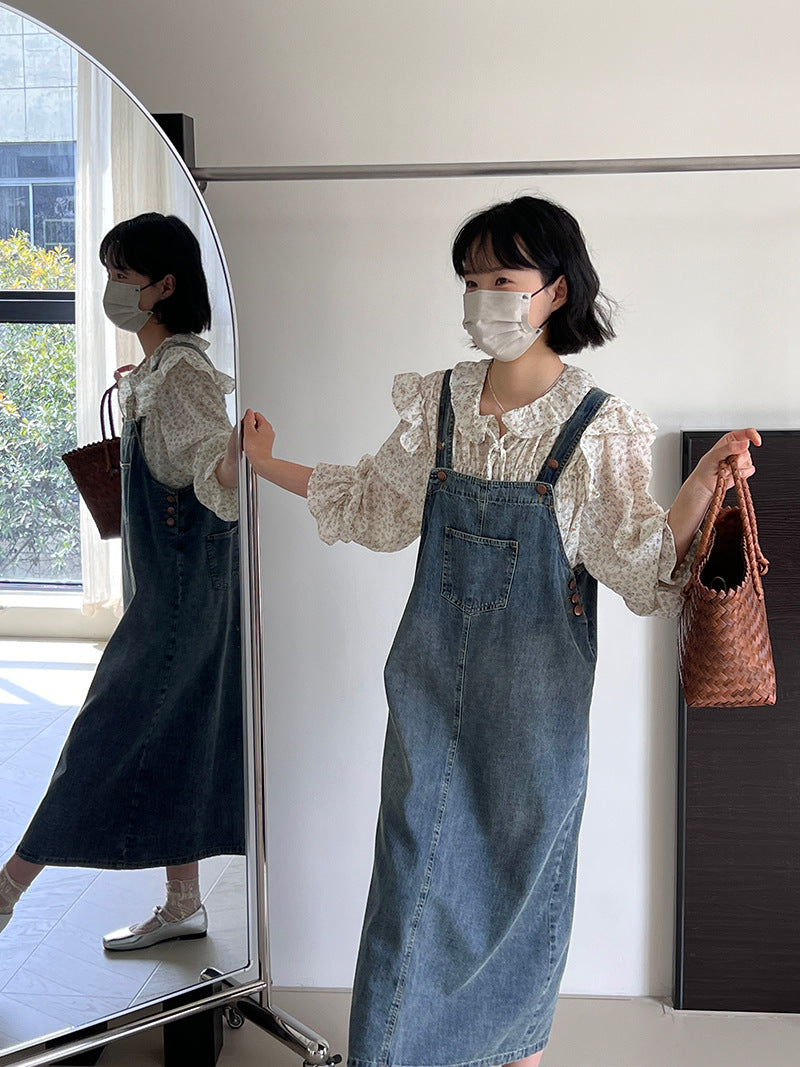 -- Age-reducing College Style Denim Overalls Skirt Women Adjustable Retro Blue Dress 6001