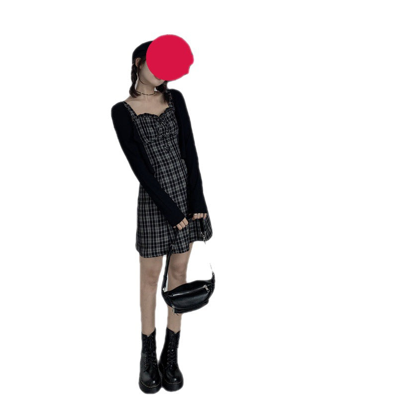 vmtvr grunge outfits Korean Style plus Size Women's Retro Versatile Sexy Slim Fit Wooden Ear Plaid Sling Dress