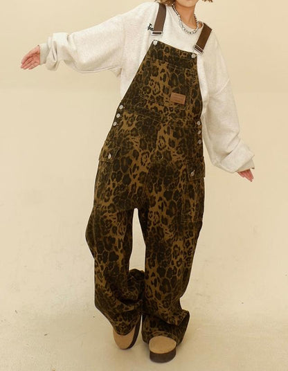 vmtvr Summer Fits Leopard Print Denim Suspender Pants for Women 2024 Spring Fashion Brand New Loose Casual BF American Retro Straight Long Pants