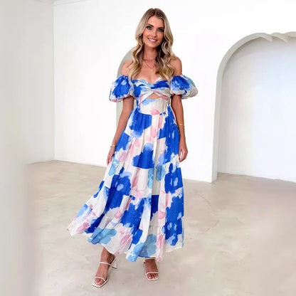 vmtvr summer outfits inspo Spring and Summer New Elegant Slim Print Puff Sleeve Large Swing High-End Dress Women