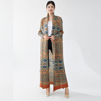 2025 Hot trade robe women's dress women's long dress high sense retro printing ethnic style lapel loose cardigan skirt