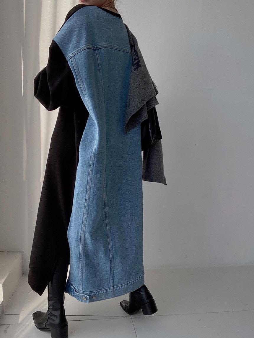 vmtvr - Simple Letter Print Denim Splt-joint Long Sleeve Sweatshirt Dress