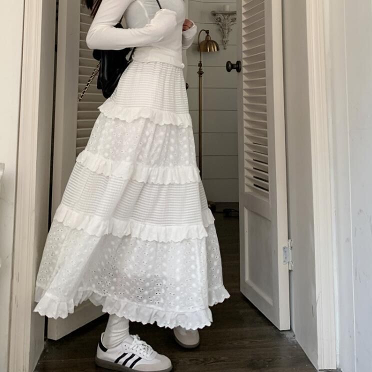 vmtvr outfit White High Waist Skirt 2024 Spring and Summer New Fashion Cute Princess Style A- line Skirt Mid-Length Skirt White Gentle Style