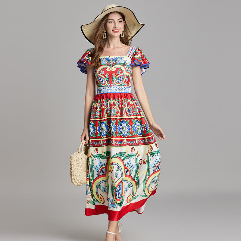 Real shot, summer new product positioning printing slim-fitting high-waisted flying sleeve dress, big pendulum A-shaped skirt