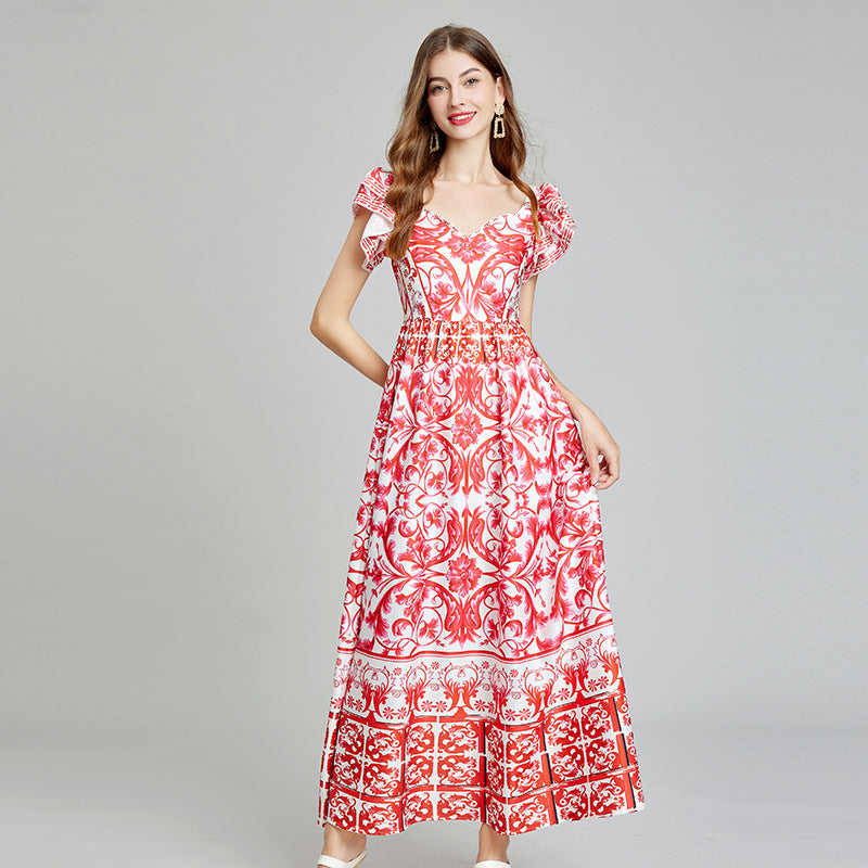 Real shot, summer new product positioning printed V-neck high-waisted pendulum dress, slim A-shaped skirt