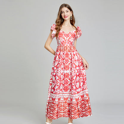 Real shot, summer new product positioning printed V-neck high-waisted pendulum dress, slim A-shaped skirt