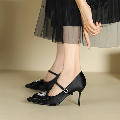 2025 811-B5 Love rhinestone bow single shoes women's one-word pointed stiletto high heels women's suede high heels women's shoes