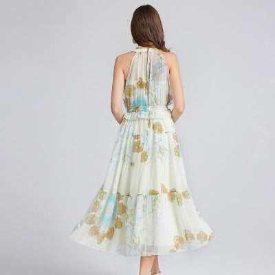 Real shot, flower celebrity temperament suspender gold wire strip new neck dress + tube top suspender two-piece set