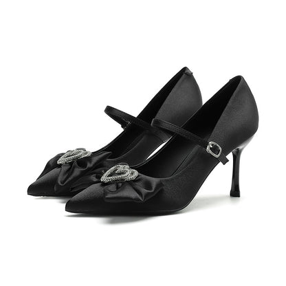 2025 811-B5 Love rhinestone bow single shoes women's one-word pointed stiletto high heels women's suede high heels women's shoes