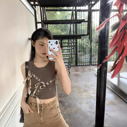 vmtvr 2000s fashion 2024 New American Hot Girl Ribbon Summer Fashion Street Bow Lace-up Hollow Sleeveless Vest Fashion