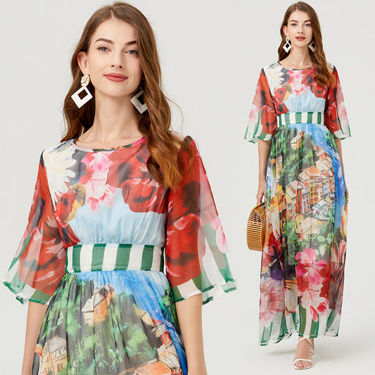 Real summer new product printing sexy backless straps slim high waist dress big pendulum A-shaped skirt short sleeves