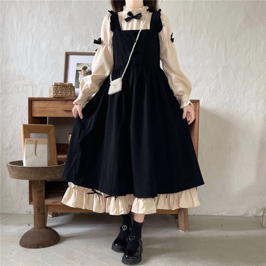 vmtvr Gothic Dti Autumn and Winter New plus Size 2024 Japanese Bubble Sleeve Light Lo Lolita Suspender Skirt Two-Piece Bow Dress