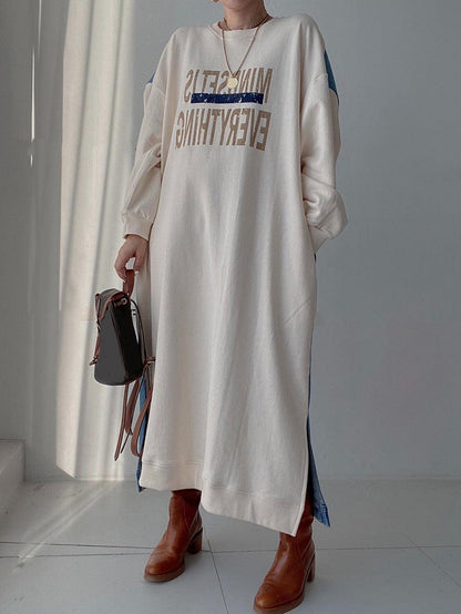 vmtvr - Simple Letter Print Denim Splt-joint Long Sleeve Sweatshirt Dress