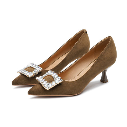 2025 6088-2 Korean version of rhinestone square buckle high-heeled single shoes 2025 women's autumn new pointed stiletto suede high-heeled shoes