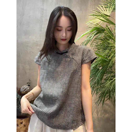 Chinese cotton and linen short-sleeved shirt women's  summer new literary and retro disc-buckled plaid national style casual top