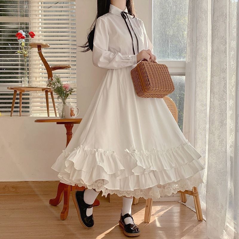 vmtvr Gothic Dti Japanese Style Soft Girl Super Fairy Lace Dress White Fairy Skirt High Waist Skirt Female Autumn and Winter Niche Skirt