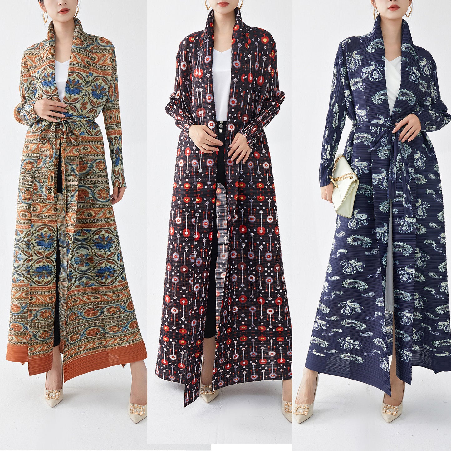 2025 Hot trade robe women's dress women's long dress high sense retro printing ethnic style lapel loose cardigan skirt