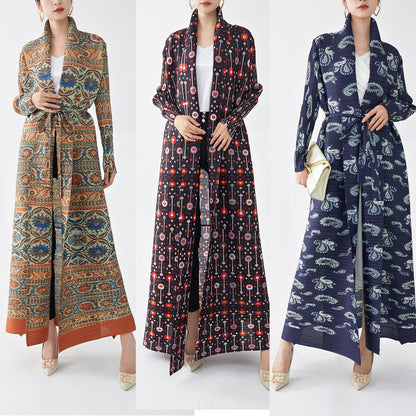 2025 Hot trade robe women's dress women's long dress high sense retro printing ethnic style lapel loose cardigan skirt