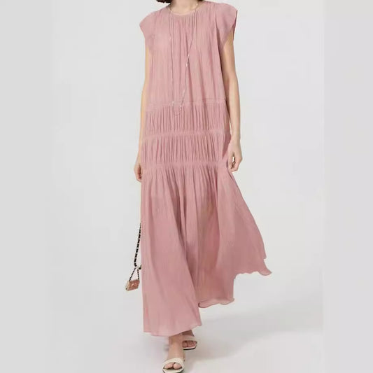 2025 Air feeling slightly transparent bark wrinkled cotton popular summer heavy industry wrinkled texture, gentle fairy air small fly sleeve dress