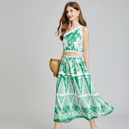 Real shot, summer new product asymmetrical design slanted shoulder suspender top + elastic waist skirt, two-piece set