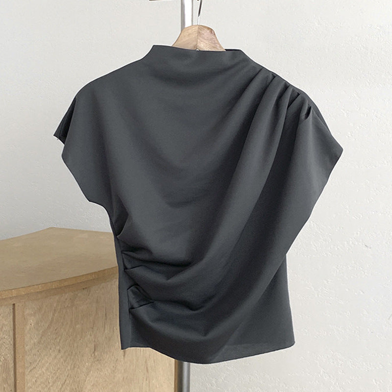 vmtvr business casual outfits Chic Summer New French Style Elegant Half Turtleneck Pleated Loose Casual All-Match Short Sleeve T-shirt Top for Women