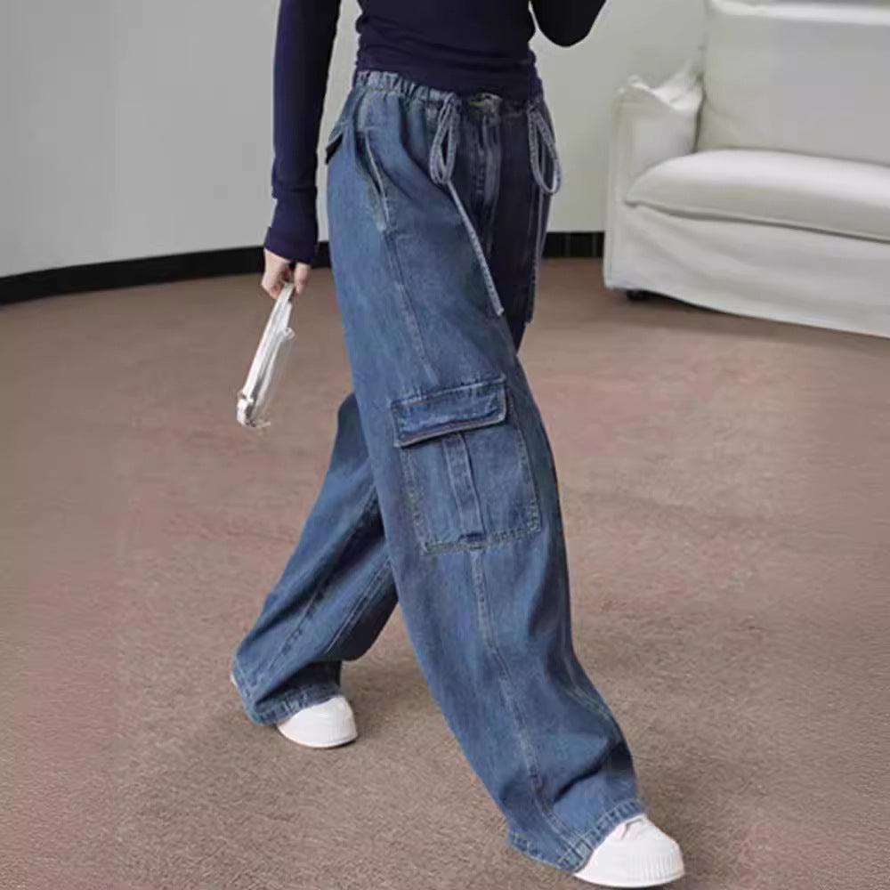 vmtvr y2k outfits 2024 Spring and Summer New Fashionable Street Casual Slimming Versatile Fashionable High Waist Tied Rope Wide Leg Workwear Jeans for Women